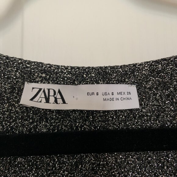 Women's Zara Knit Midi Metallic Black Silver V-Neck Dress Fringe Bottom Size S - Picture 10 of 14